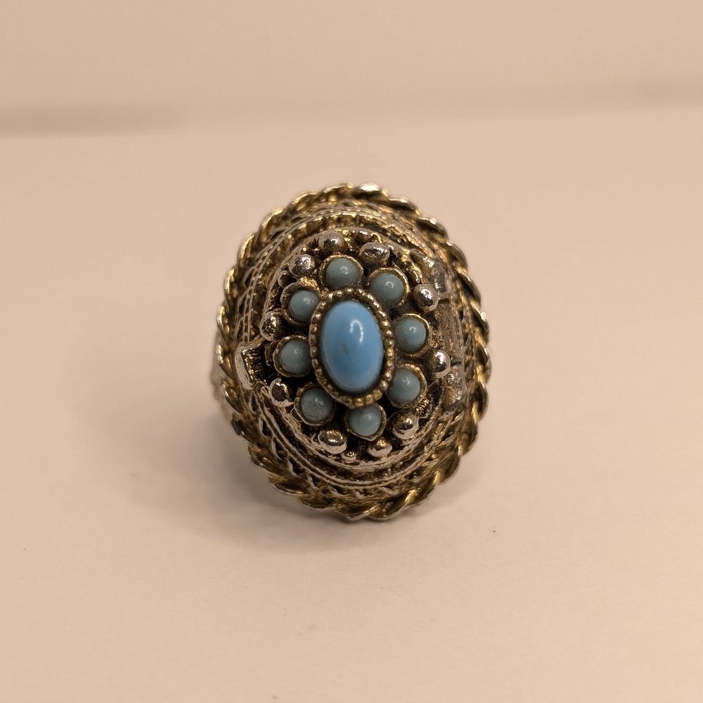 Vintage Poison Ring Faux Turquoise Gold Silver Tone Size 6 Adjustable